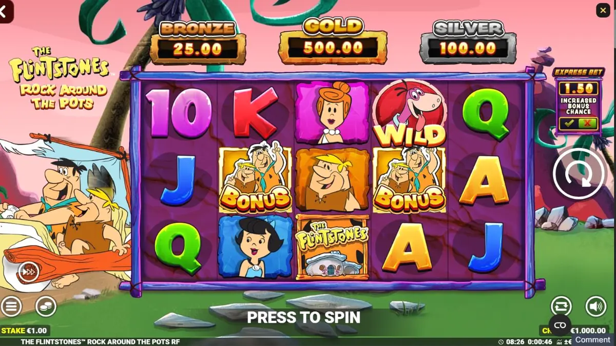 The Flintstones: Rock Around The Pots slot game screen featuring Fred and Barney